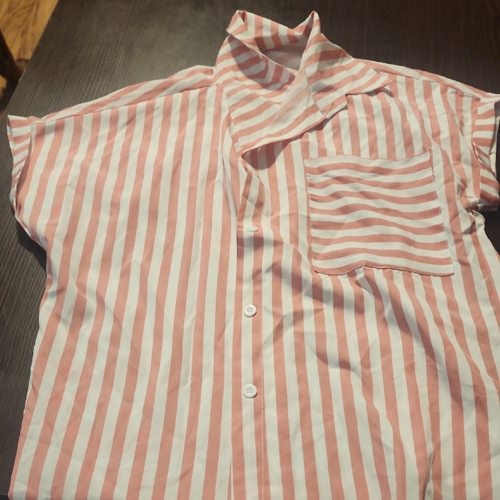 SHEIN Women's Pink and White Striped Button Down Shirt
